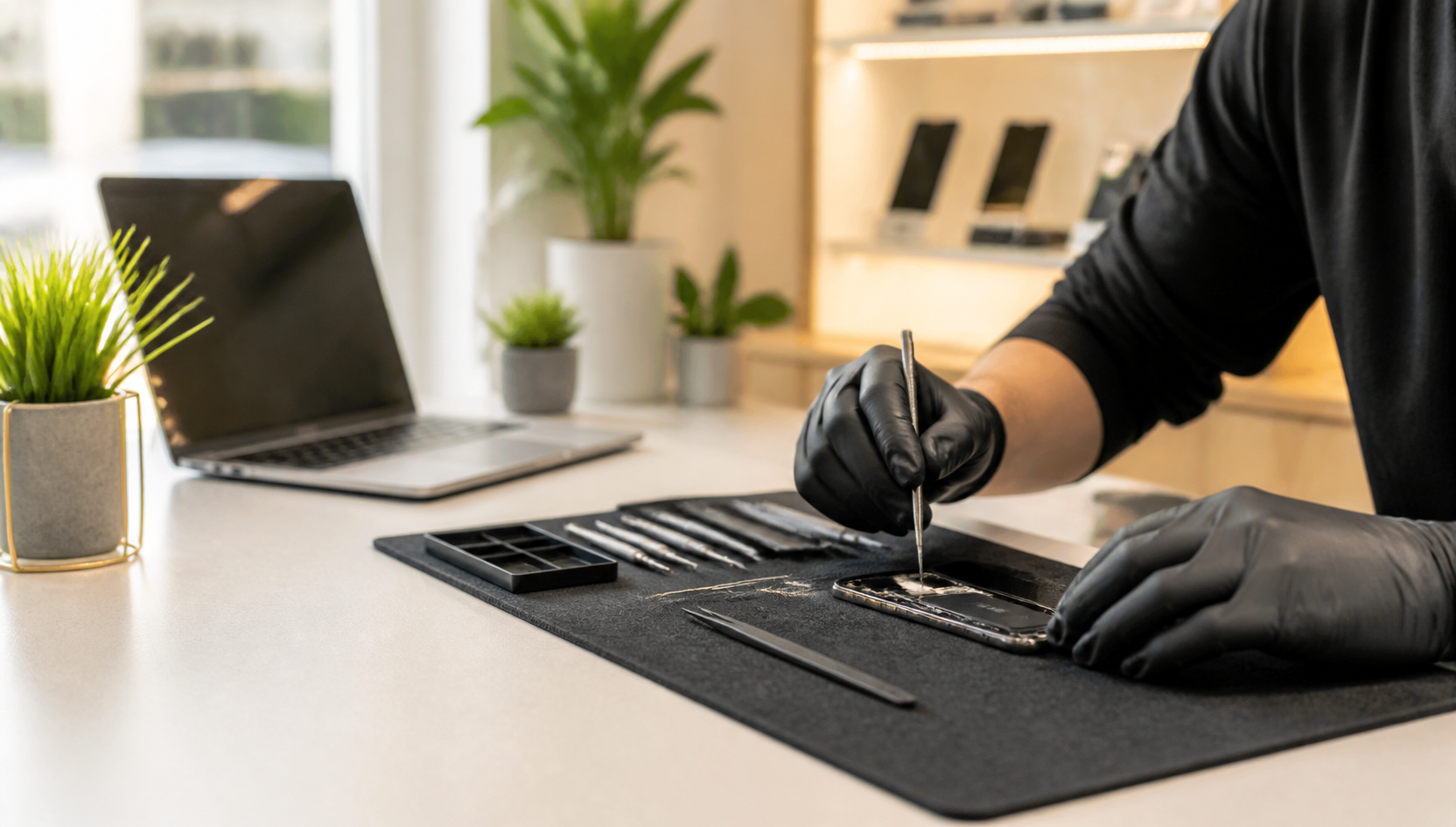 Technician repairing a smartphone on a clean repair bench